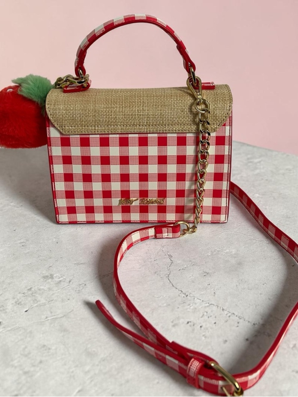 Betsey Johnson Red Gingham Strawberry Charm Crossbody Bag - Picture 5 of 16